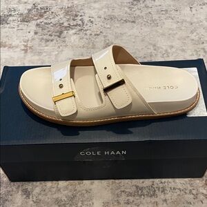Cole Haan Beige Slide Sandals with Gold Accents